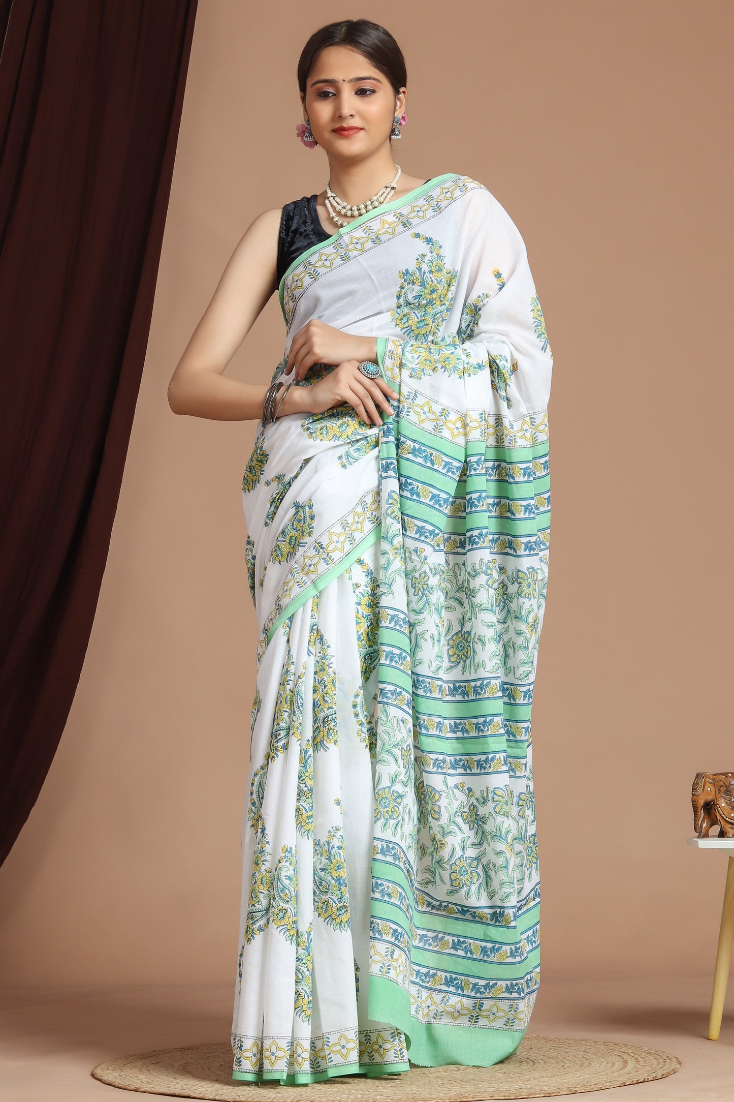 Hand Block Printed Green Floral Cotton Mulmul Saree with Blouse Piece