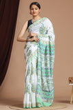Hand Block Printed Green Floral Cotton Mulmul Saree with Blouse Piece