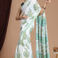 Hand Block Printed Green Floral Cotton Mulmul Saree with Blouse Piece