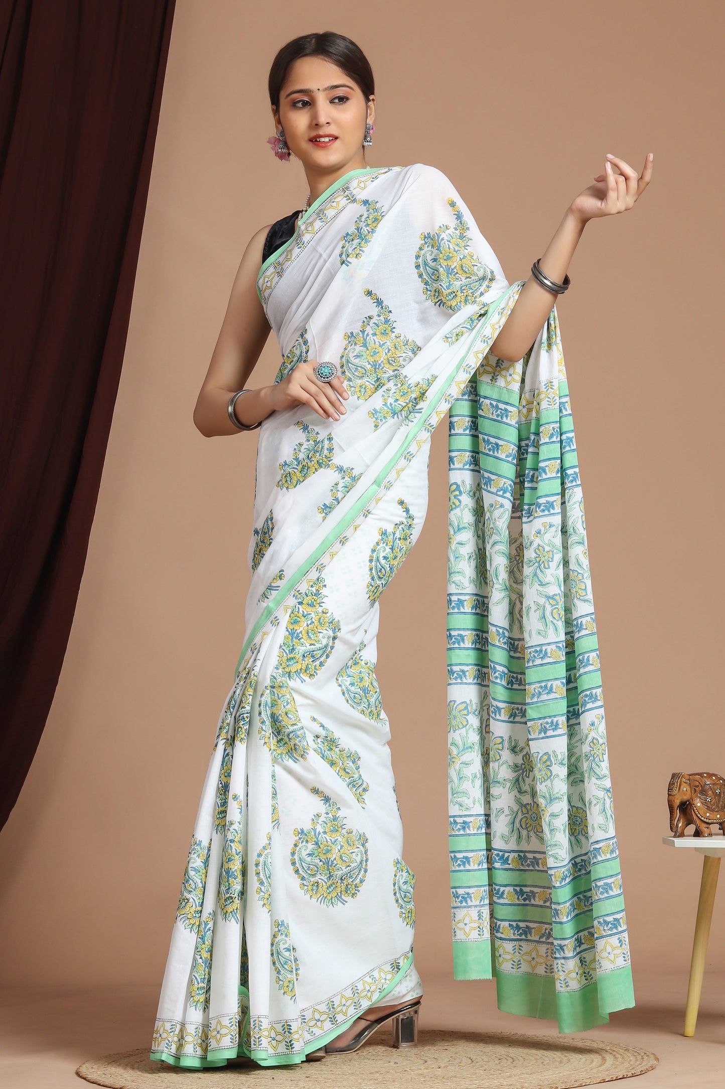 Hand Block Printed Green Floral Cotton Mulmul Saree with Blouse Piece