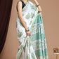 Hand Block Printed Green Floral Cotton Mulmul Saree with Blouse Piece