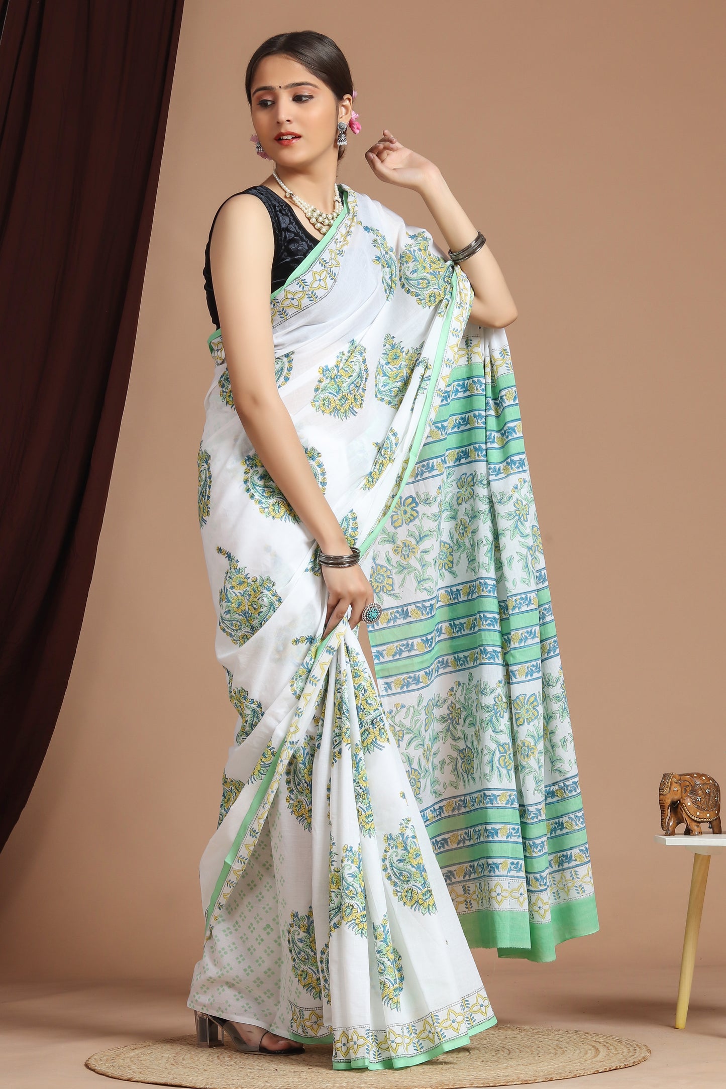 Hand Block Printed Green Floral Cotton Mulmul Saree with Blouse Piece