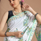 Hand Block Printed Green Floral Cotton Mulmul Saree with Blouse Piece