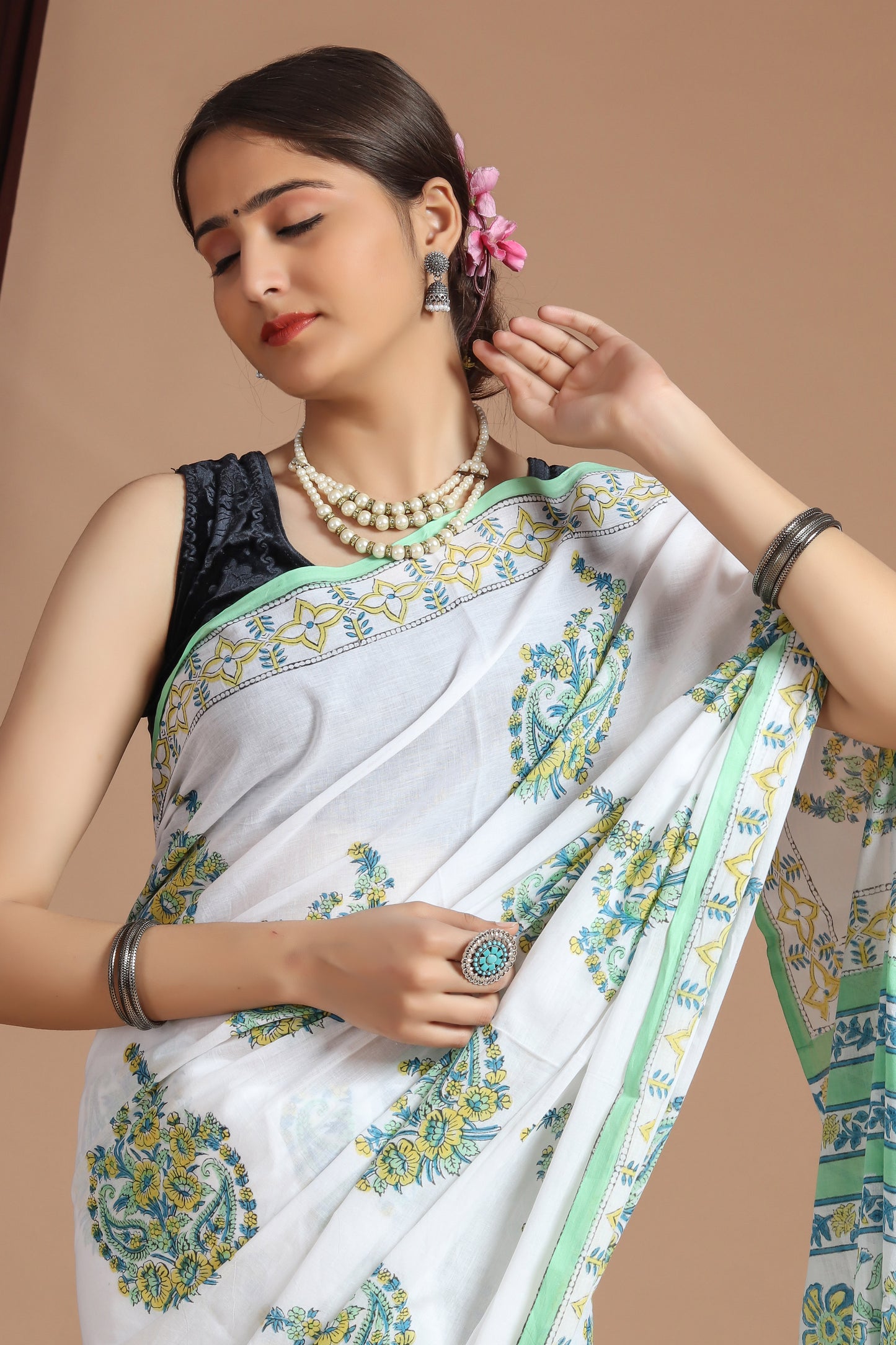 Hand Block Printed Green Floral Cotton Mulmul Saree with Blouse Piece