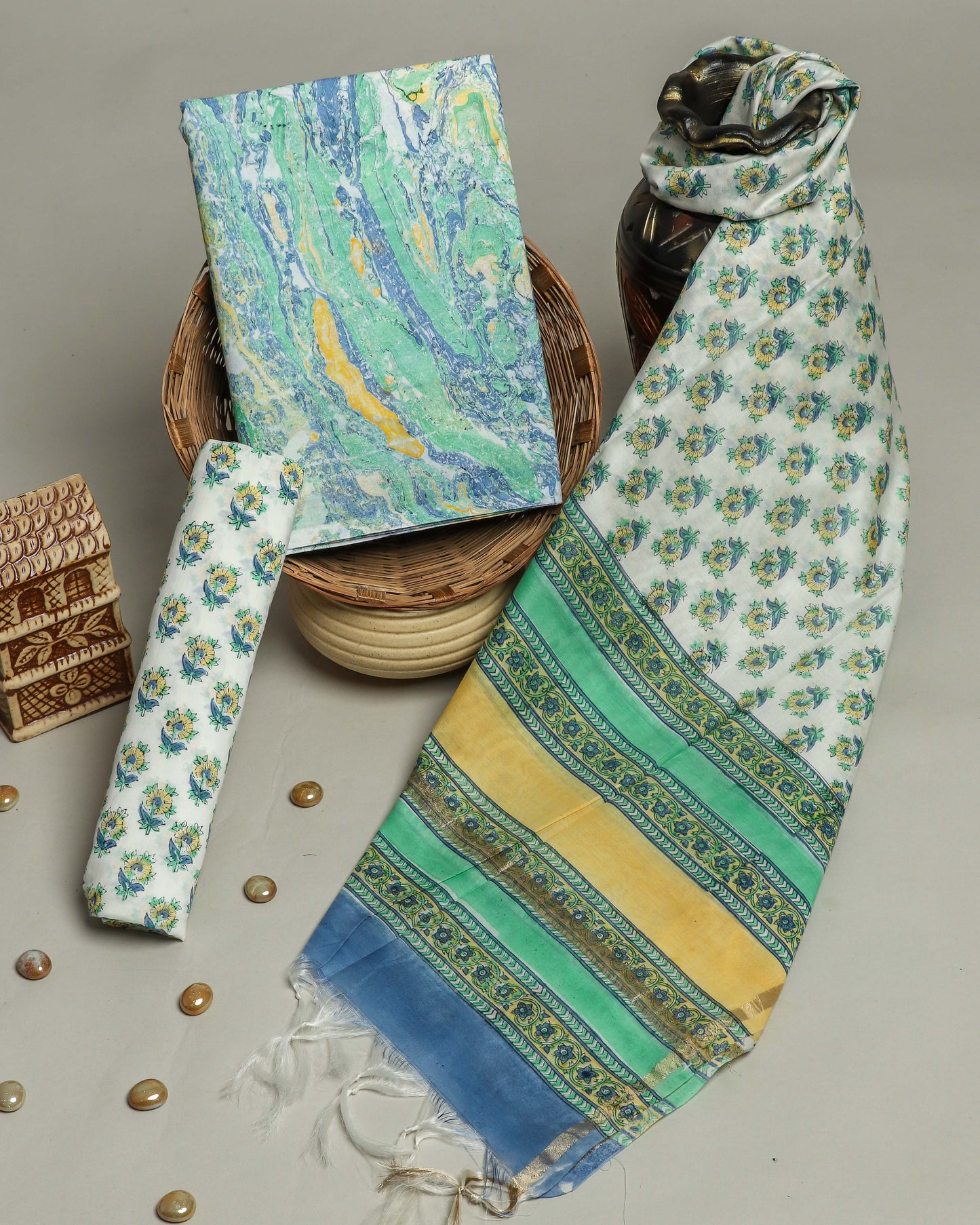 Hand Block Printed Cotton Suit with Chanderi Dupatta