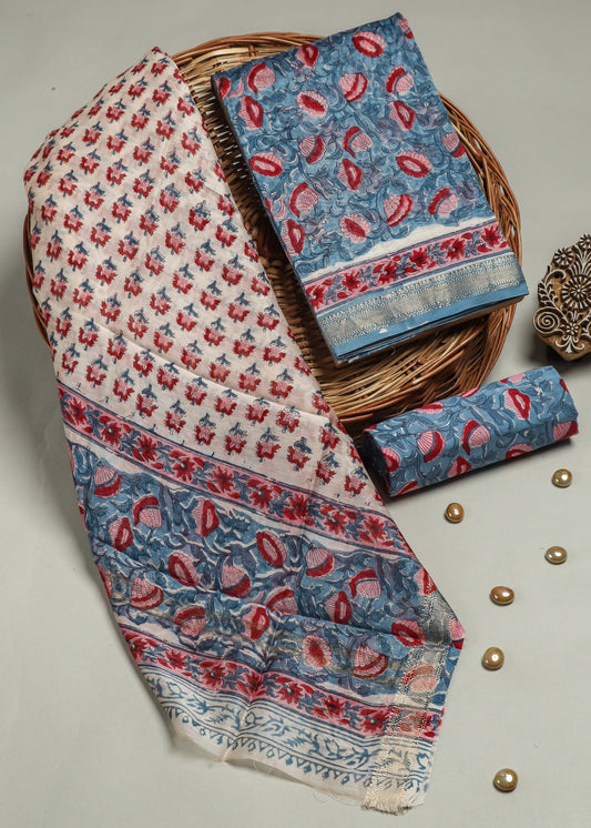 Hand Block Printed Maheshwari Silk Suit with Maheshwari Silk Dupatta