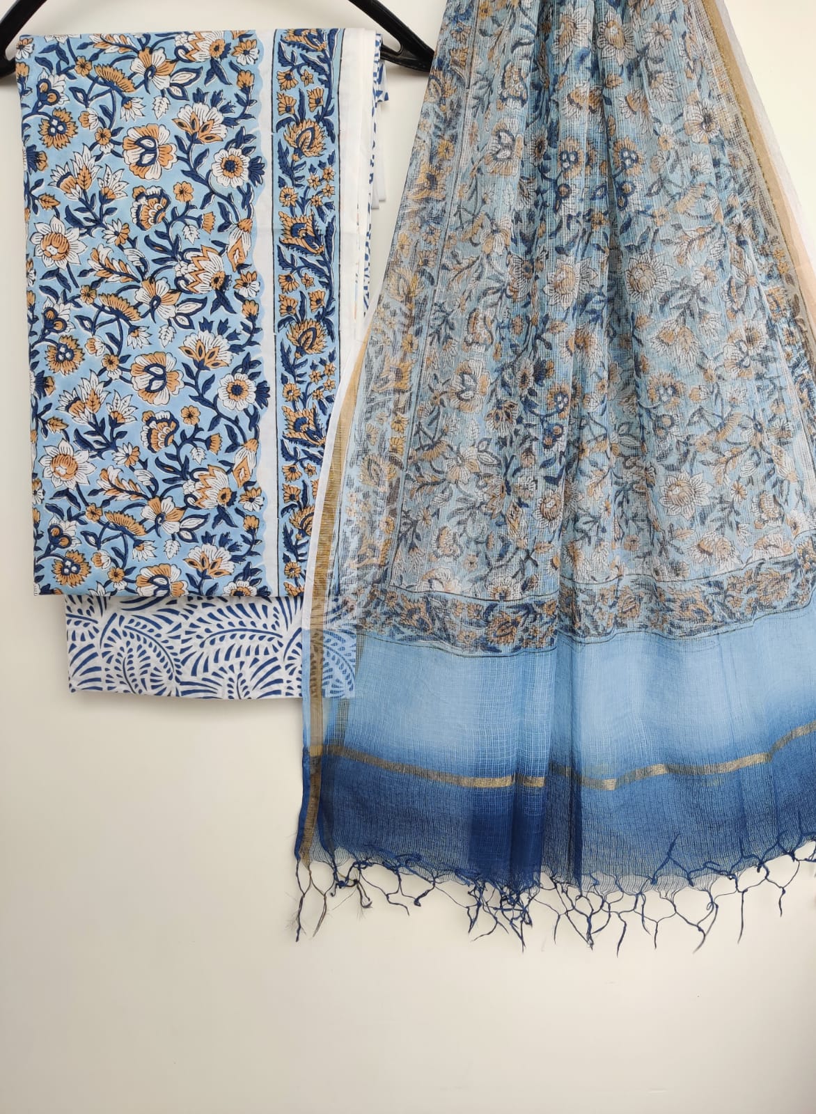 Hand Block Printed Cotton Suit with Cotton Kota Doria dupatta