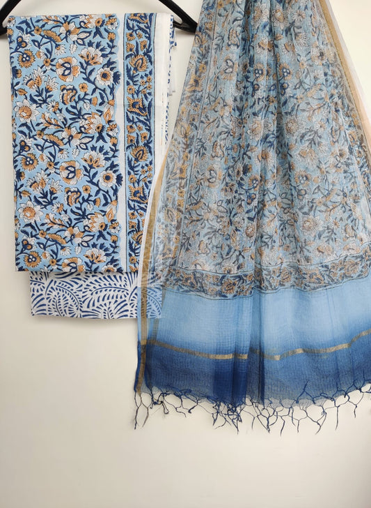 Hand Block Printed Cotton Suit with Cotton Kota Doria dupatta