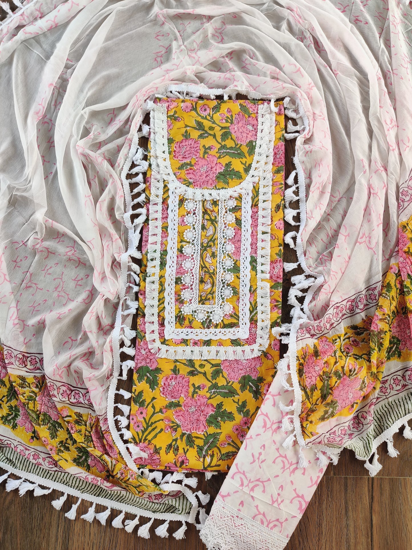 FLORAL PRINTED COTTON CROCHET LACE SUIT WITH CHIFFON DUPATTA