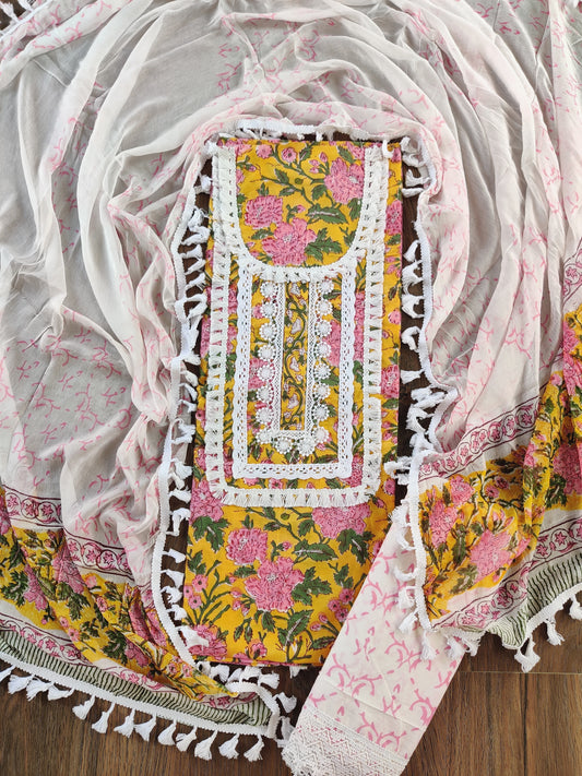 FLORAL PRINTED COTTON CROCHET LACE SUIT WITH CHIFFON DUPATTA