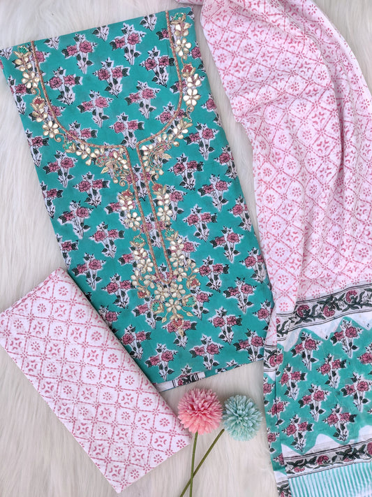 (SALE) FLORAL PRINTED COTTON GOTA PATTI SUIT WITH COTTON DUPATTA