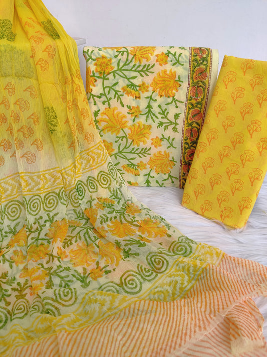 HAND BLOCK PRINTED COTTON SUIT WITH PURE CHIFFON DUPATTA2