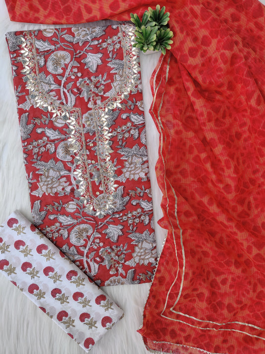 FLORAL PRINTED COTTON GOTA PATTI SUIT WITH KOTA DORIA DUPATTA