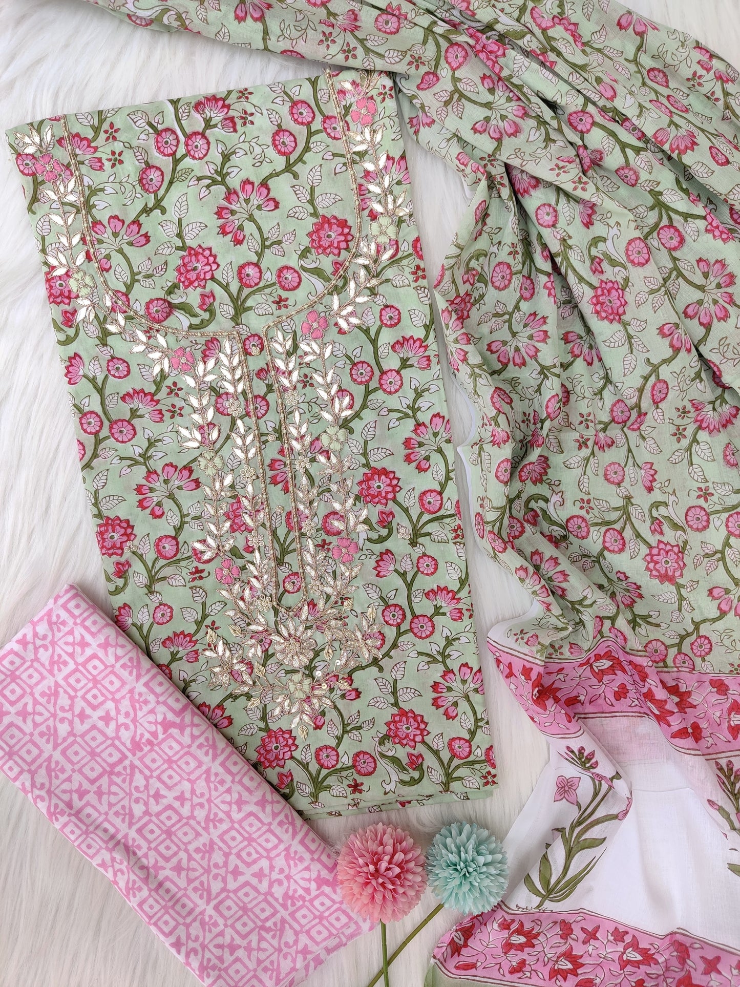 FLORAL PRINTED COTTON GOTA PATTI SUIT WITH COTTON DUPATTA