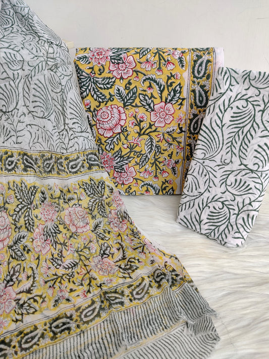 Hand Block Printed Cotton Suit with Pure Chiffon dupatta