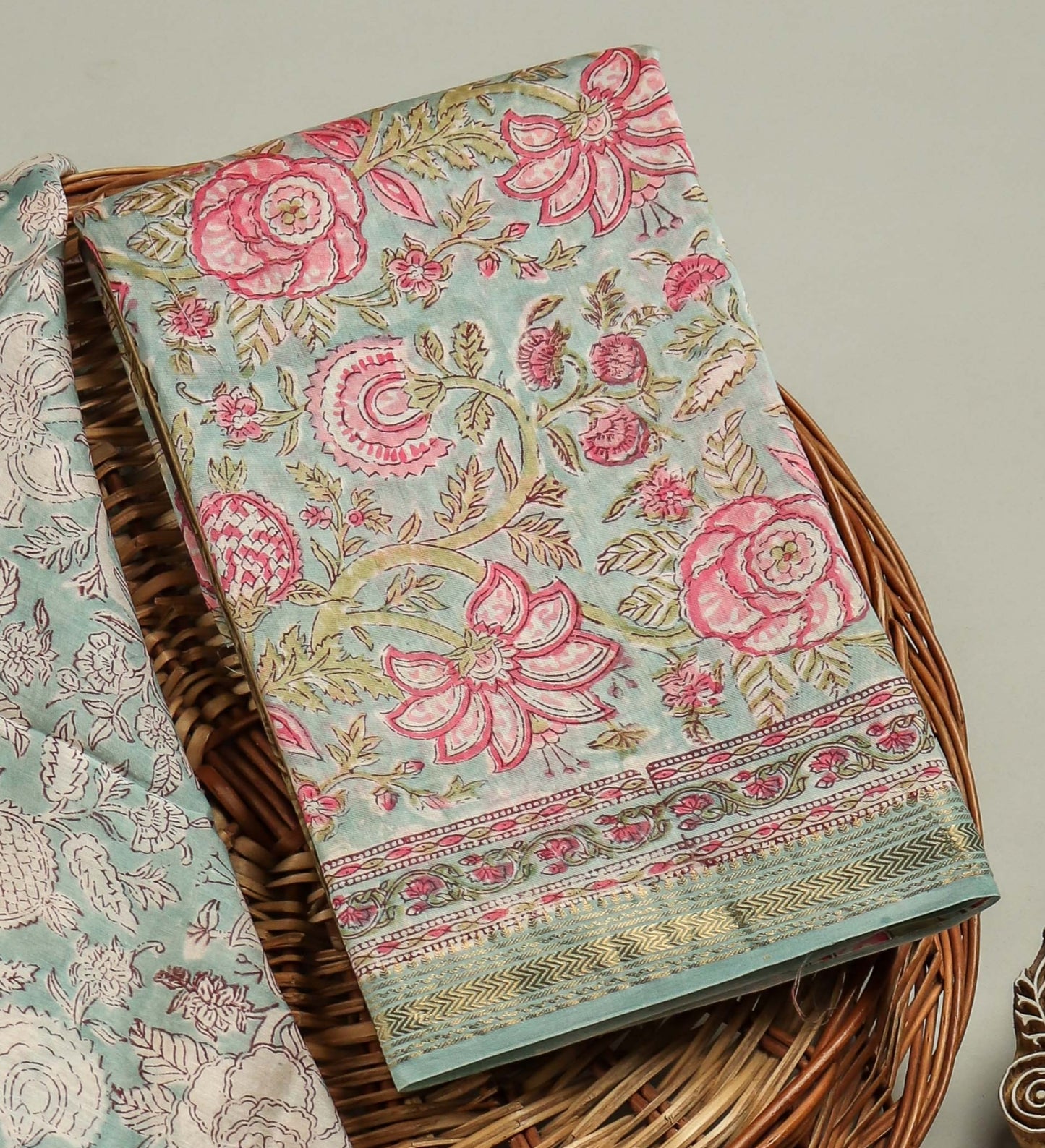 Hand Block Printed Maheshwari Silk Suit with Maheshwari Silk Dupatta.