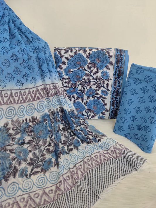 Hand Block Printed Cotton Suit with Pure Chiffon dupatta