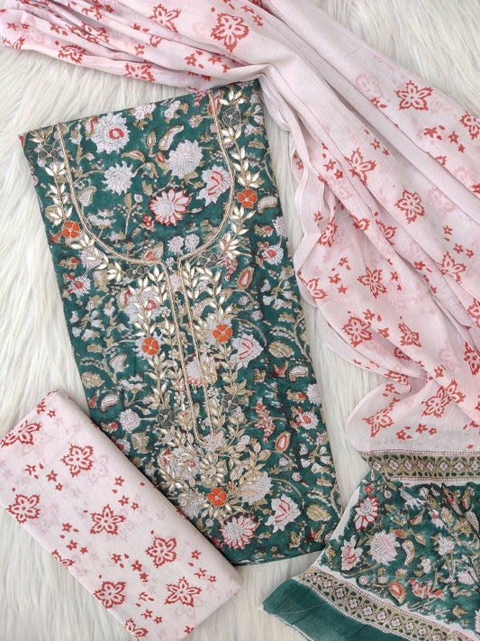 FLORAL PRINTED COTTON GOTA PATTI SUIT WITH COTTON DUPATTA