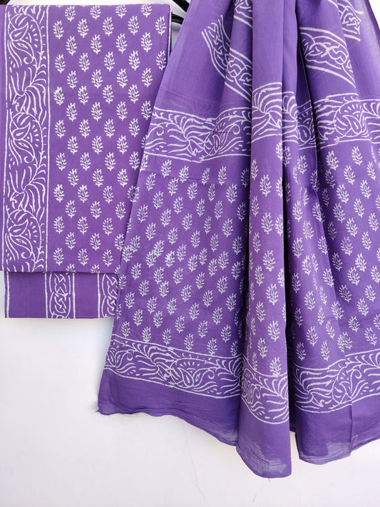 Hand Block Printed Cotton Suit With Mulmul Cotton Dupatta
