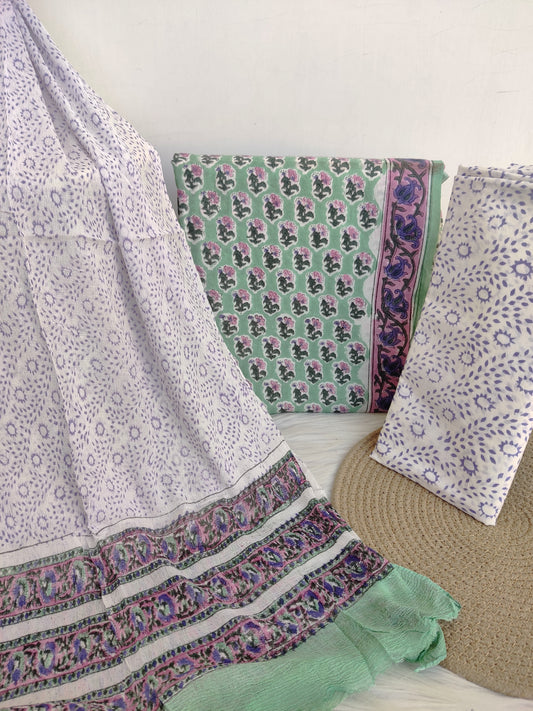 HAND BLOCK PRINTED COTTON SUIT WITH PURE CHIFFON DUPATTA