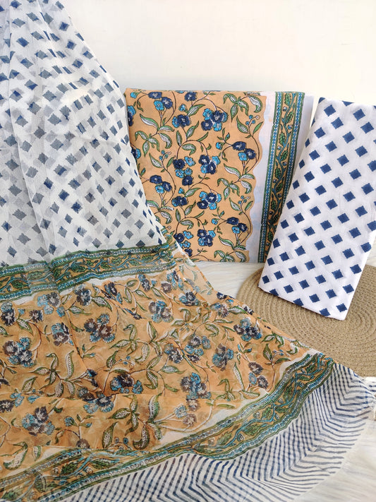 Hand Block Printed Cotton Suit with Pure Chiffon dupatta