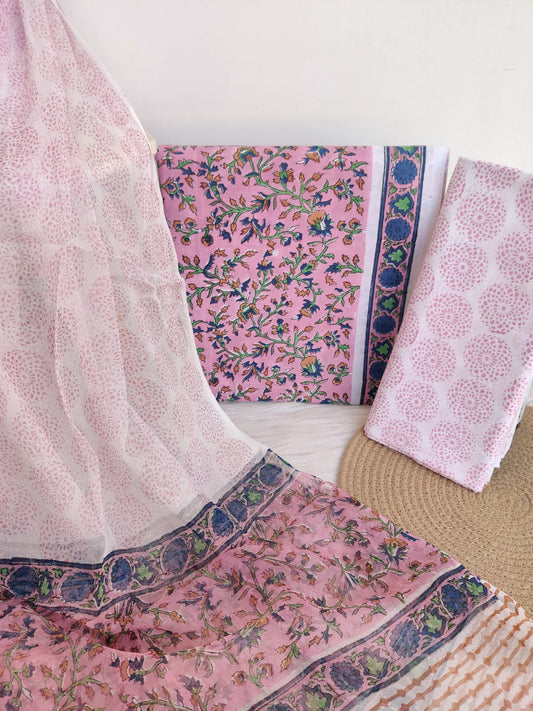 Hand Block Printed Cotton Suit with Pure Chiffon dupatta