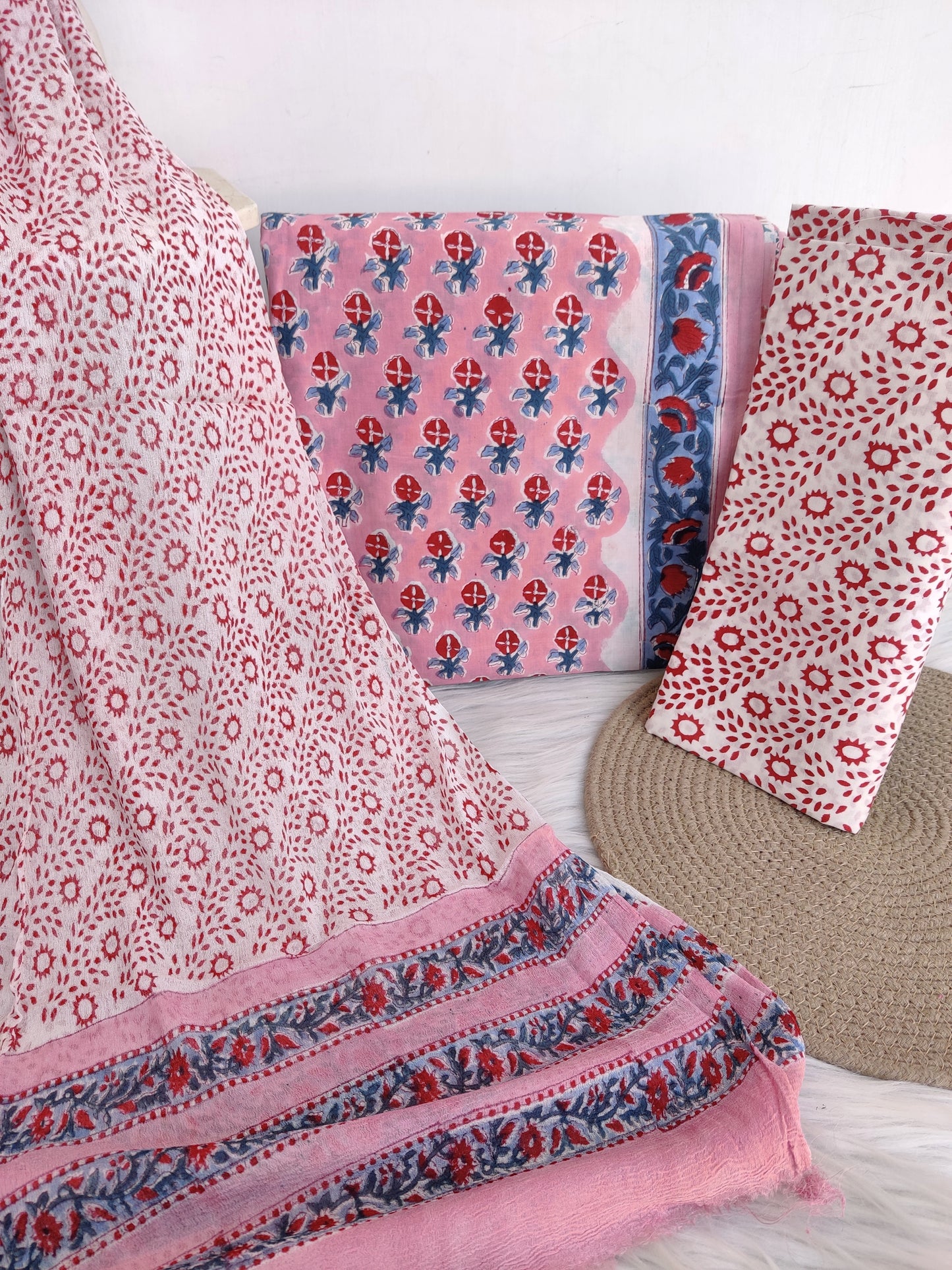 Hand Block Printed Cotton Suit with Pure Chiffon dupatta