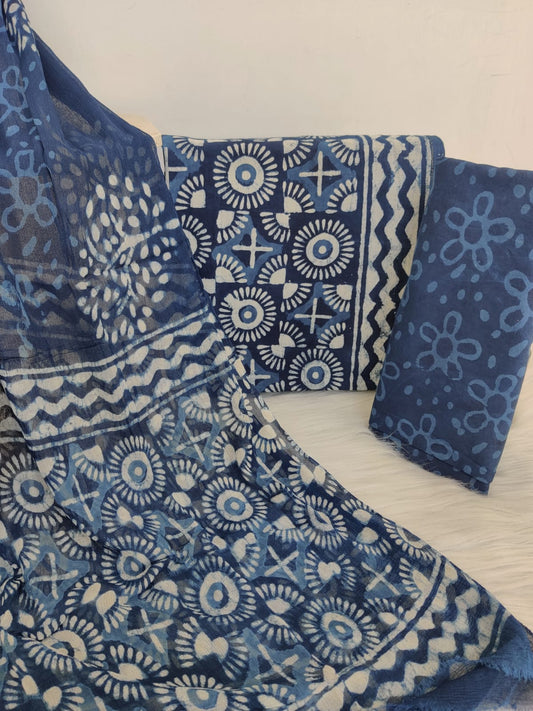 (INDIGO) COTTON SUIT WITH PURE CHIFFON DUPATTA