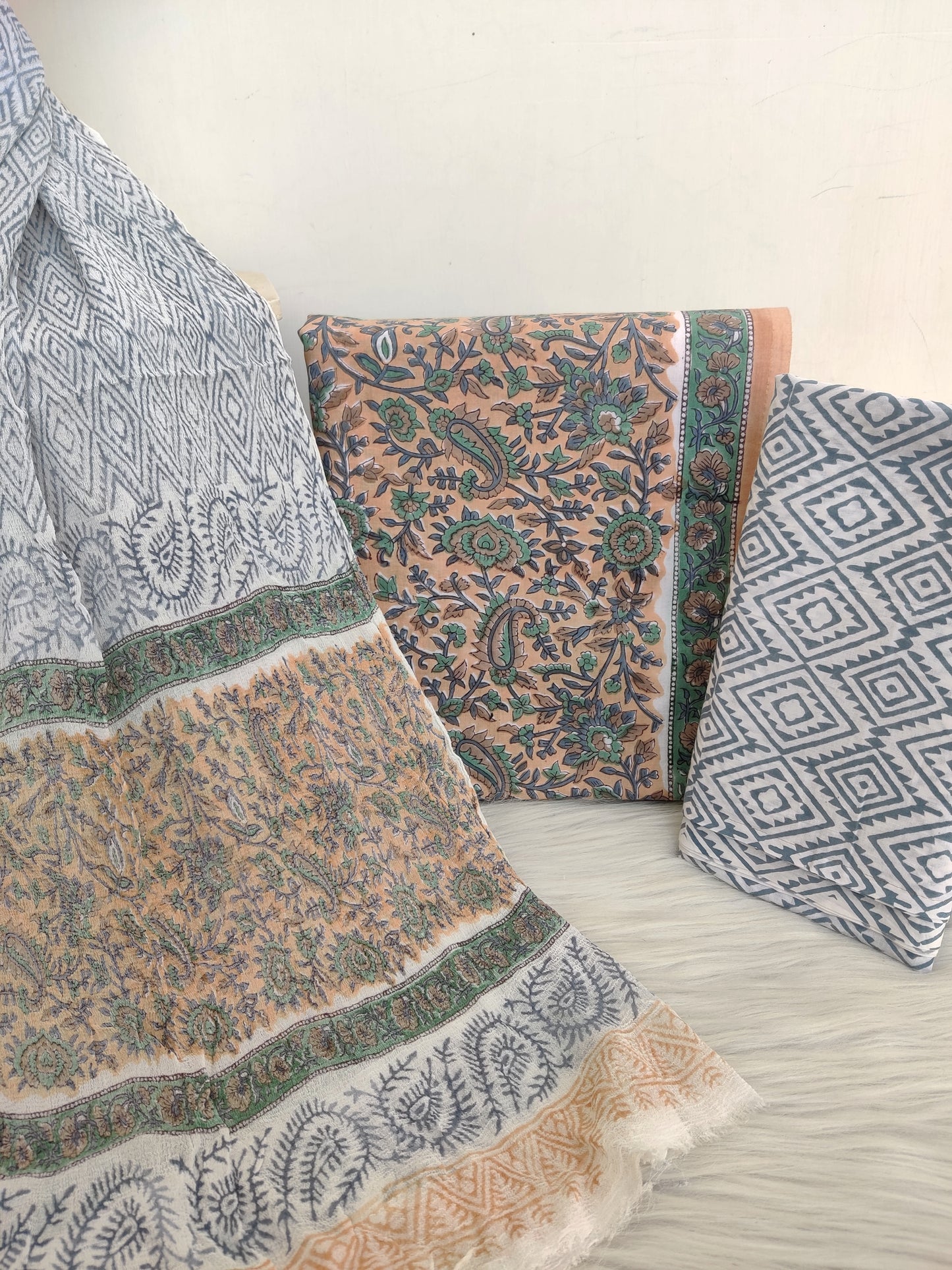 HAND BLOCK PRINTED COTTON SUIT WITH PURE CHIFFON DUPATTA