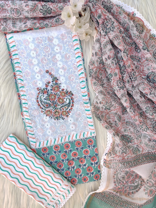 (SALE) HANDBLOCK PRINTED BOOTA PRINT WORK SUITS WITH KOTA DORIA DUPATTA