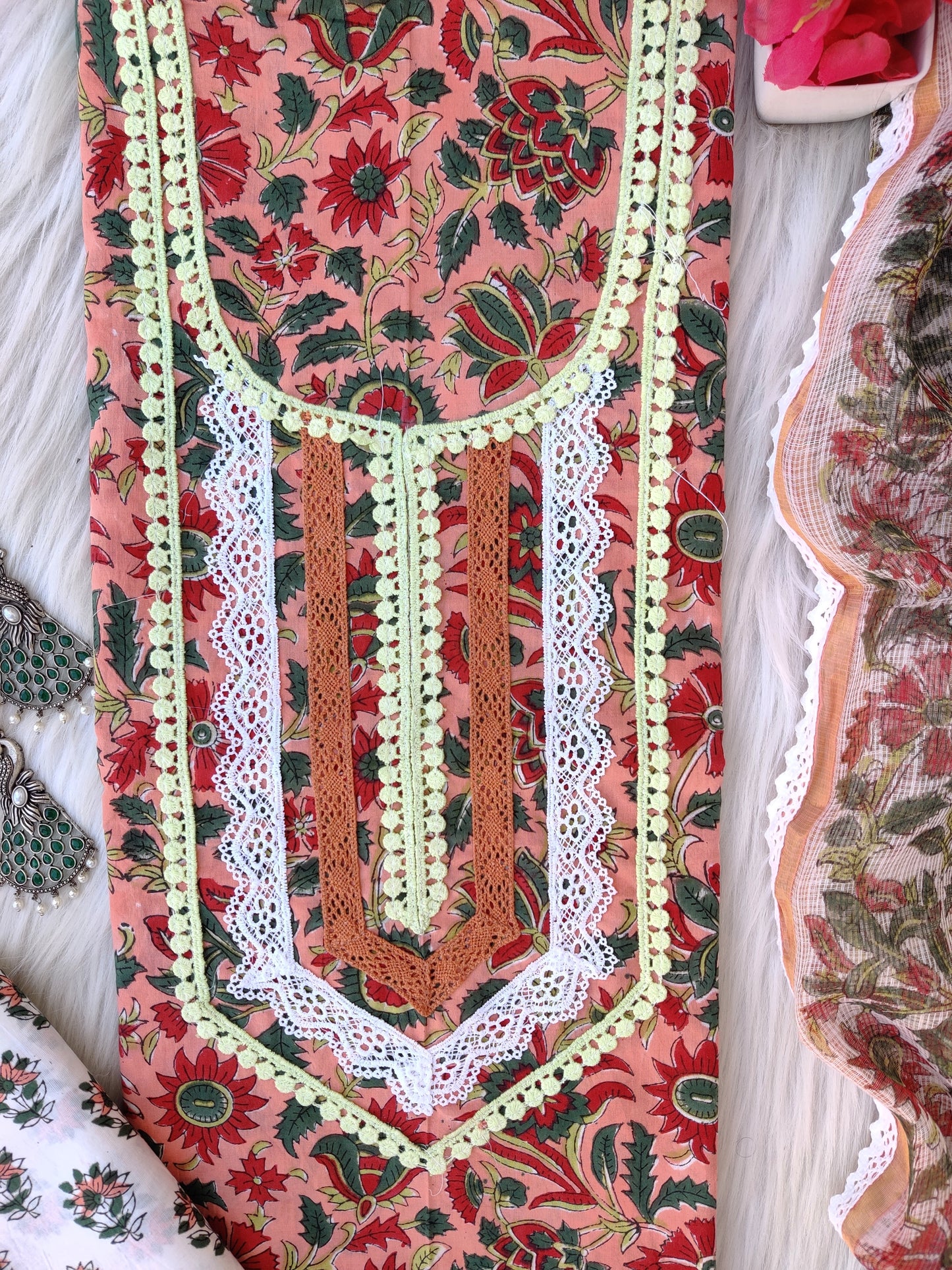 HAND BLOCK PRINTED CROCHET WORK SUITS WITH KOTA DORIA DUPATTA