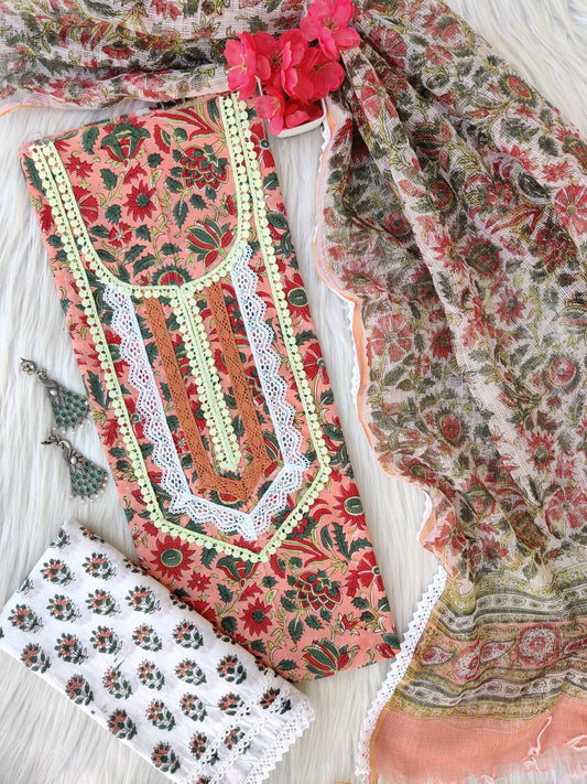 HAND BLOCK PRINTED CROCHET WORK SUITS WITH KOTA DORIA DUPATTA