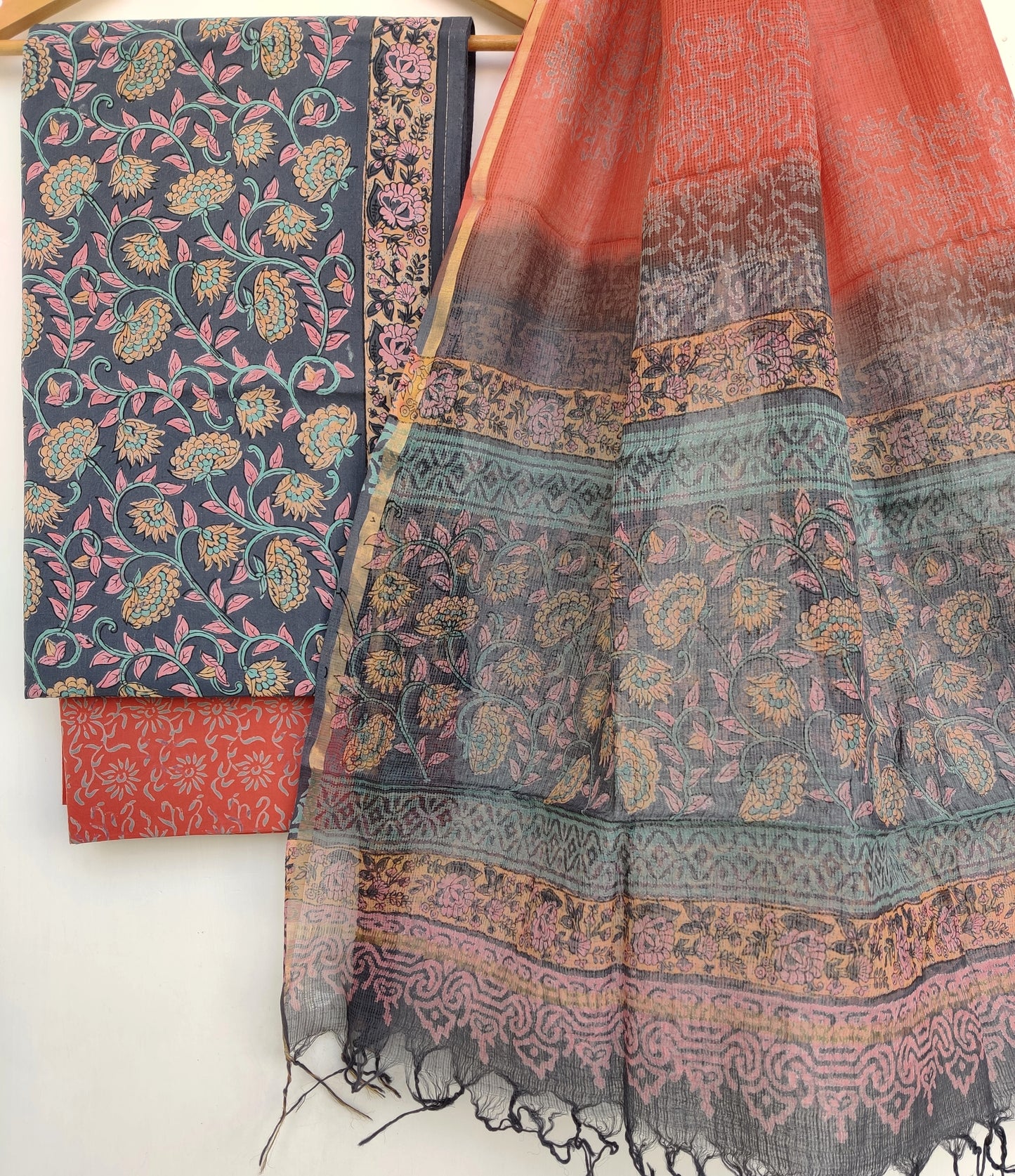 HAND BLOCK PRINTED COTTON SUIT WITH KOTA DORIA DUPATTA