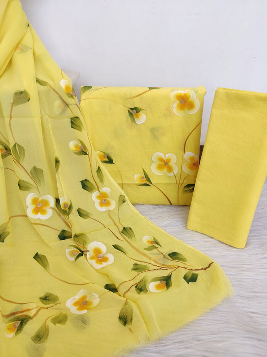 HAND PAINTED COTTON SUIT WITH PURE CHIFFON DUPATTA