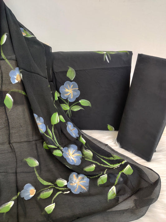HAND PAINTED COTTON SUIT WITH PURE CHIFFON DUPATTA1