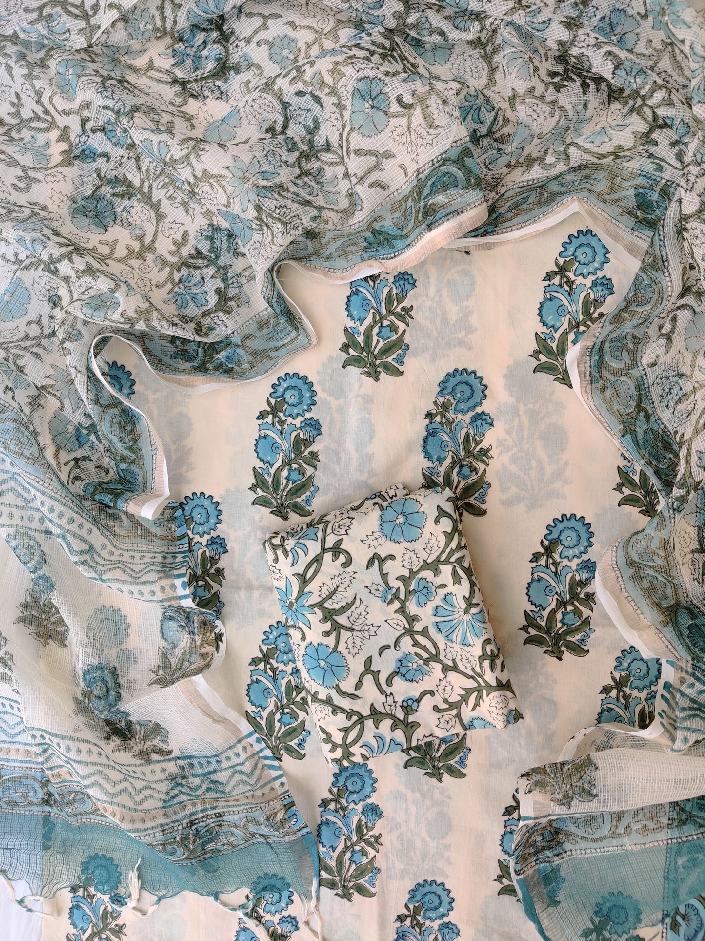 Hand Block Printed Cotton Suit with Cotton Kota Doria dupatta