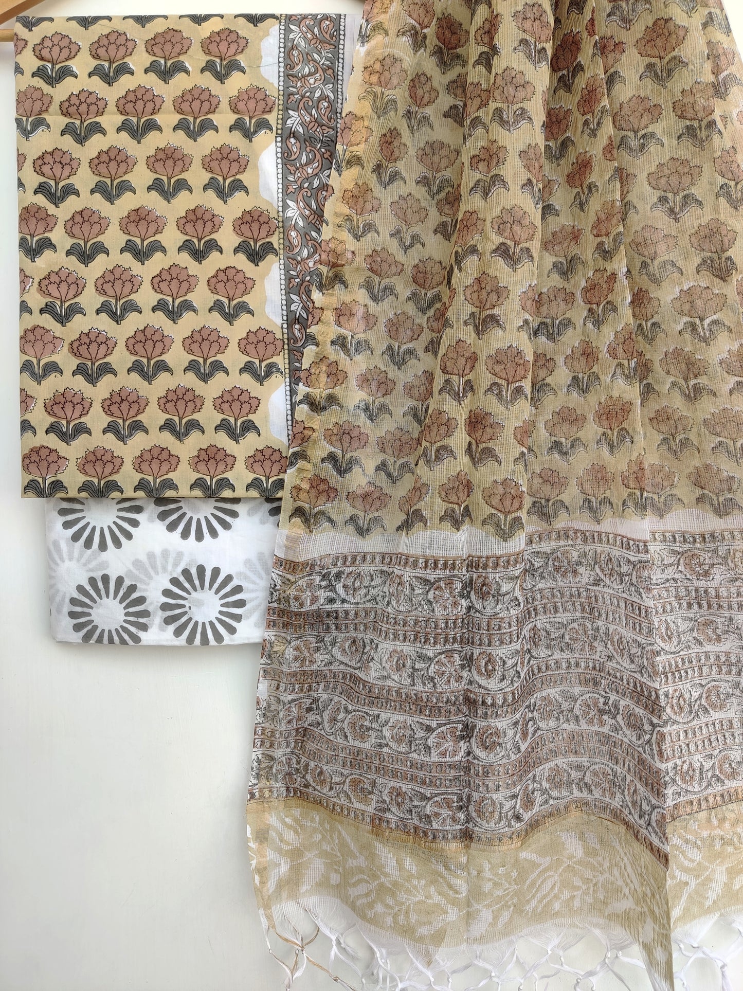 Hand Block Printed Cotton Suit with Cotton Kota Doria dupatta