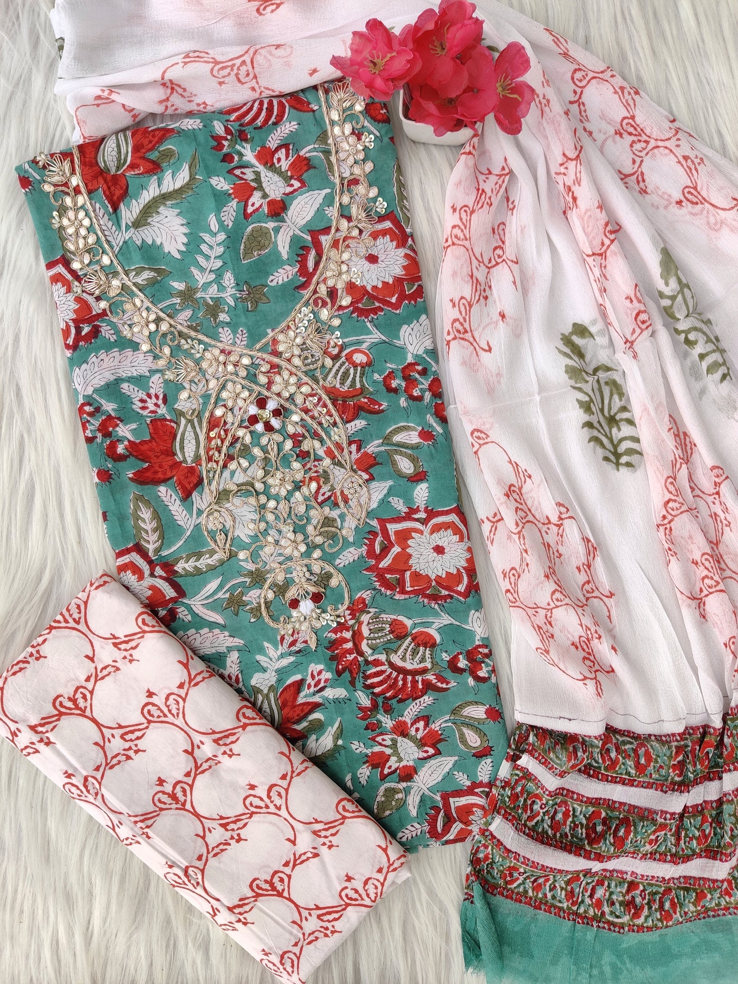 FLORAL PRINTED COTTON GOTA PATTI SUIT WITH CHIFFON DUPATTA