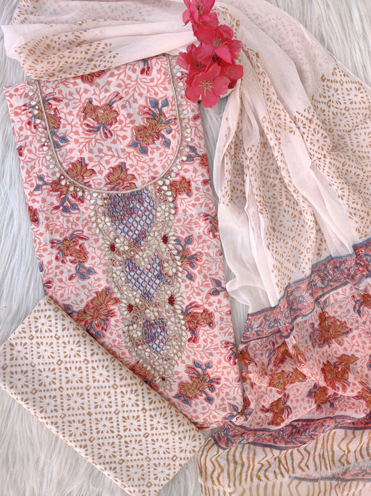 (SALE) FLORAL PRINTED COTTON GOTA PATTI SUIT WITH CHIFFON DUPATTA