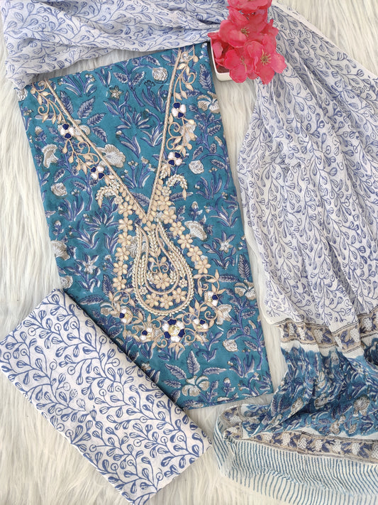 FLORAL PRINTED COTTON GOTA PATTI SUIT WITH CHIFFON DUPATTA