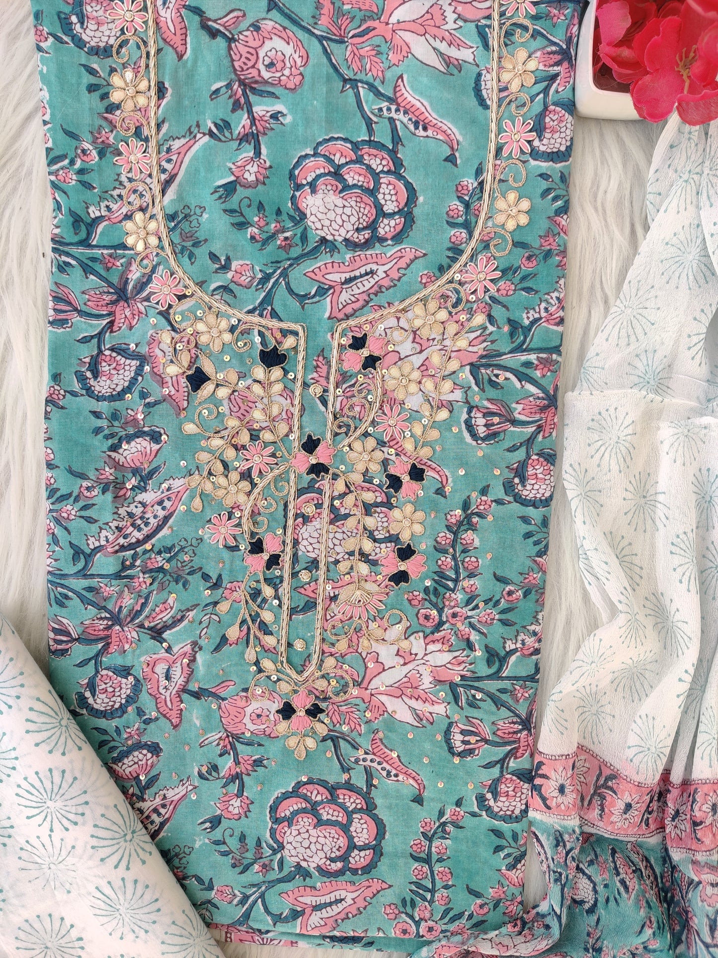 FLORAL PRINTED COTTON GOTA PATTI SUIT WITH CHIFFON DUPATTA