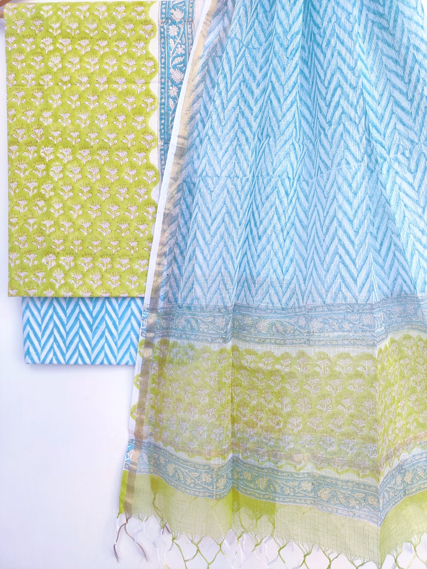 Hand Block Printed Cotton Suit with Cotton Kota Doria dupatta