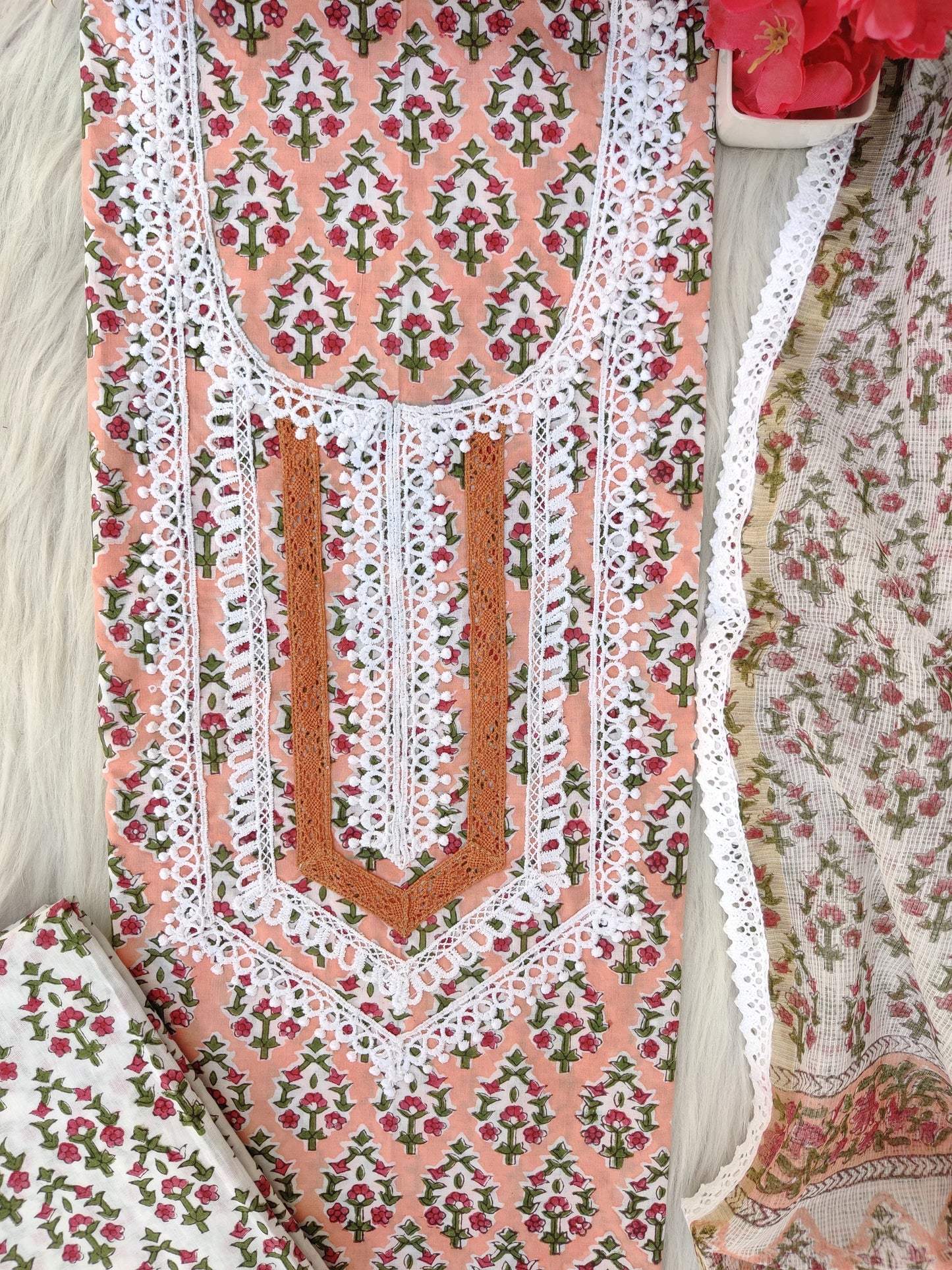 HAND BLOCK PRINTED CROCHET WORK SUITS WITH KOTA DORIA DUPATTA