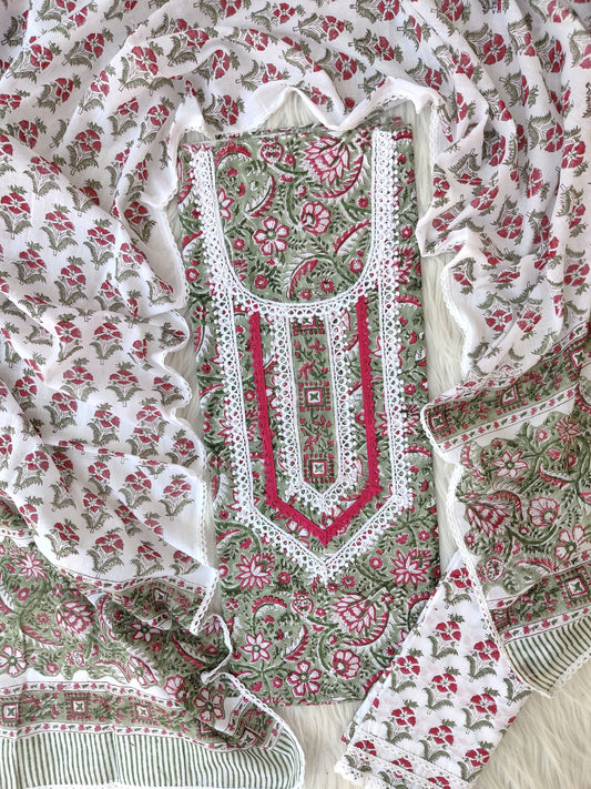 HAND BLOCK PRINTED CROCHET WORK SUITS WITH MULMUL DUPATTA