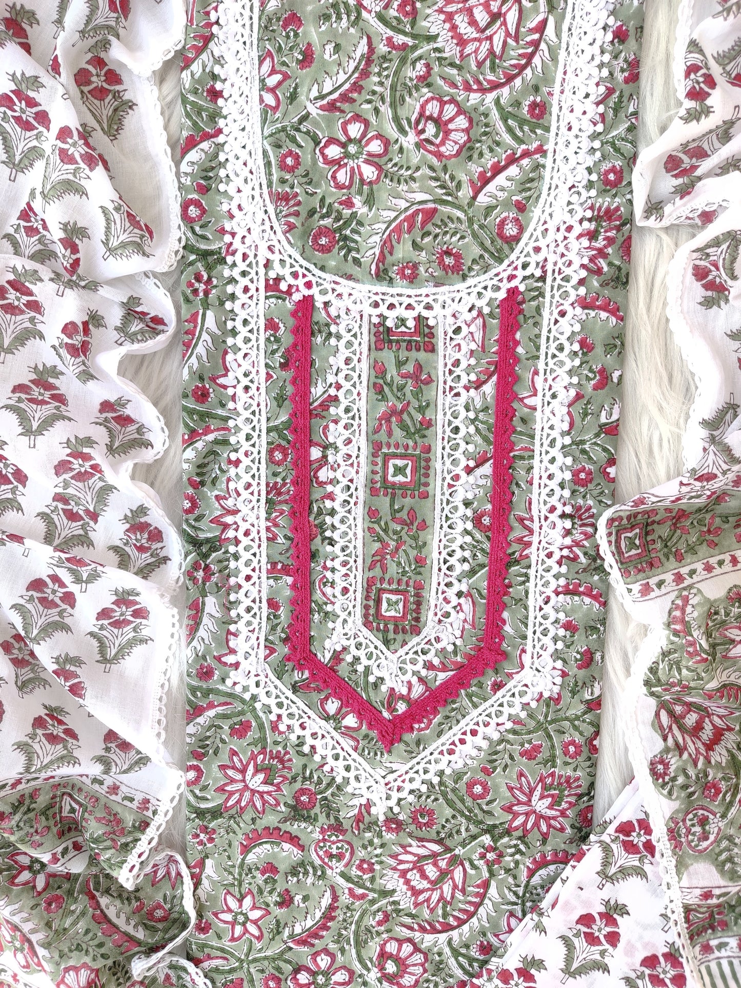 HAND BLOCK PRINTED CROCHET WORK SUITS WITH MULMUL DUPATTA