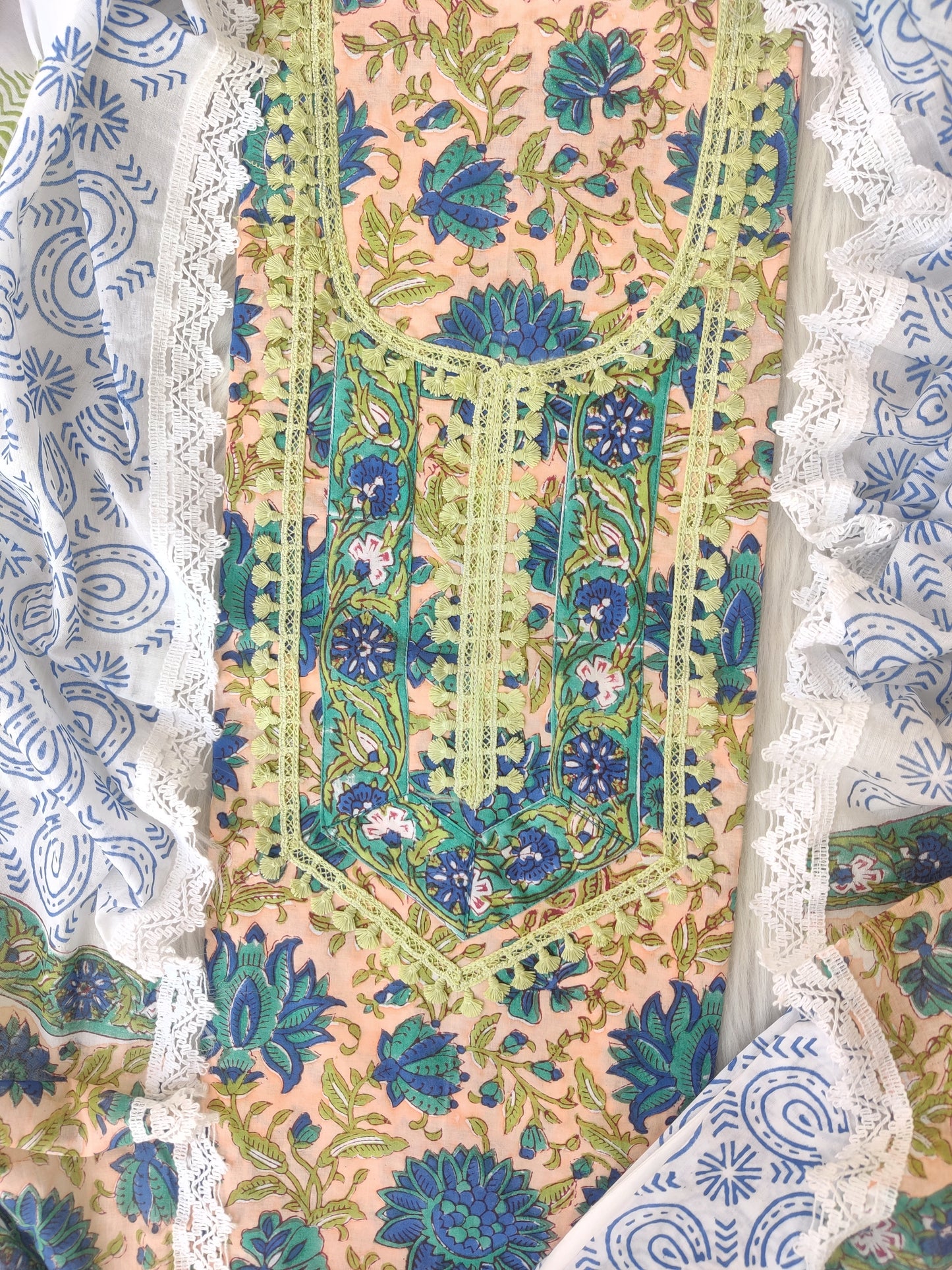 HAND BLOCK PRINTED CROCHET WORK SUITS WITH MULMUL DUPATTA