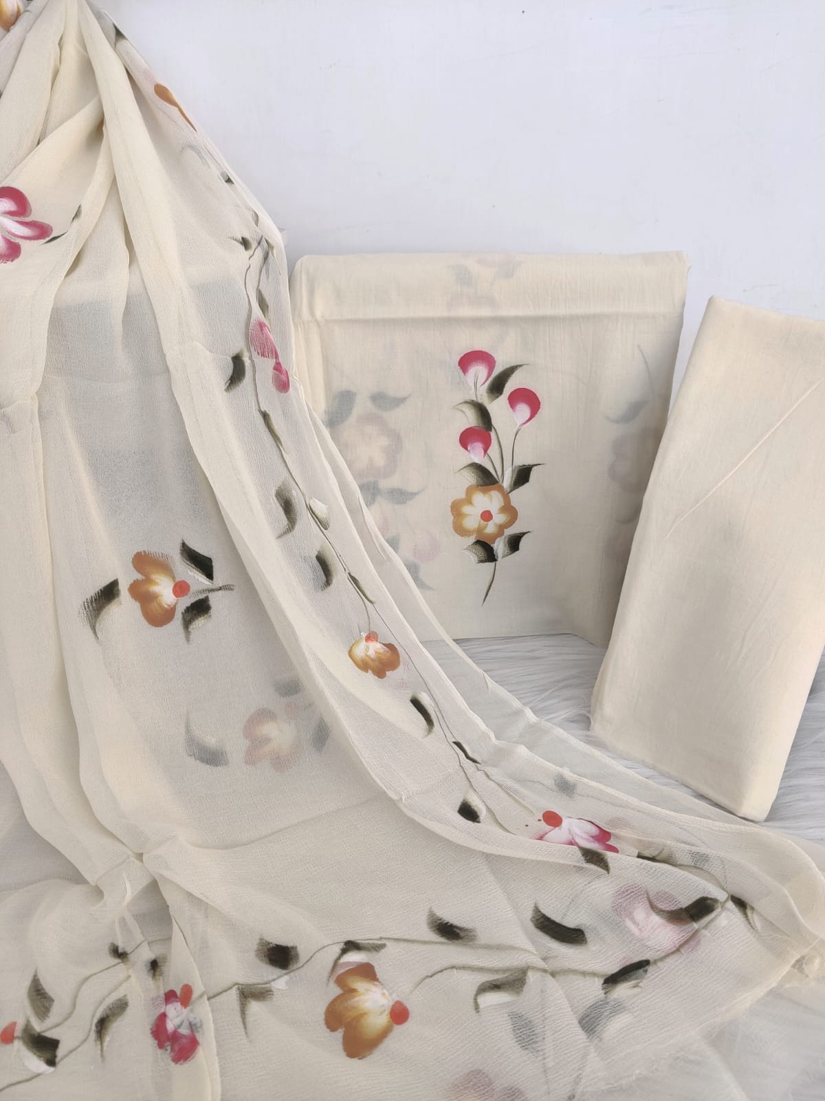 HAND PAINTED COTTON SUIT WITH PURE CHIFFON DUPATTA