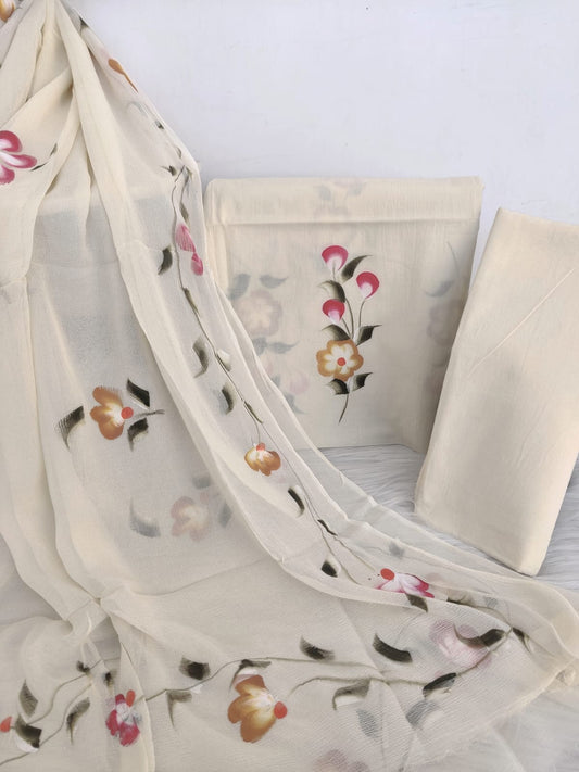 HAND PAINTED COTTON SUIT WITH PURE CHIFFON DUPATTA