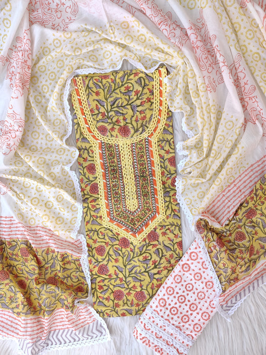 HAND BLOCK PRINTED CROCHET WORK SUITS WITH MULMUL DUPATTA