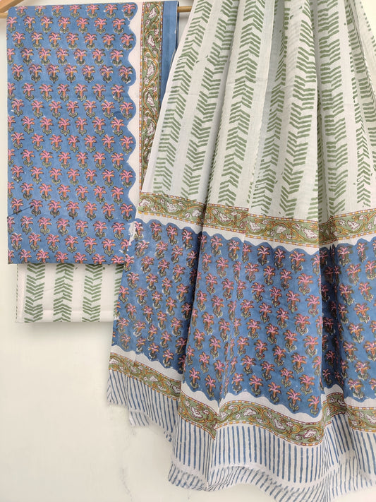 Hand Block Printed Cotton Suit with Cotton Mulmul dupatta